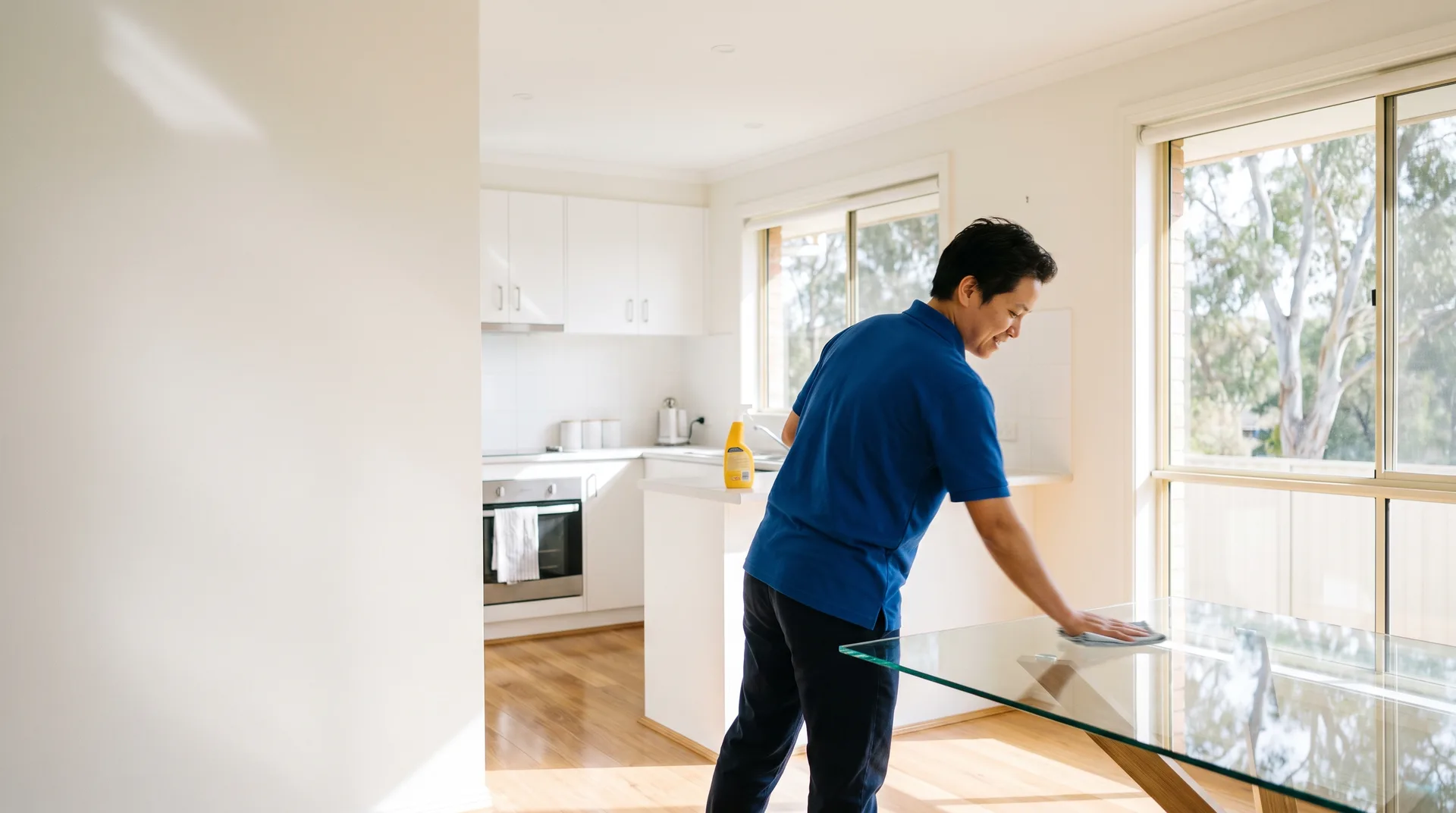 A SMARTchoice SA cleaner wiping down a bench in a spotless, sunlit Adelaide home