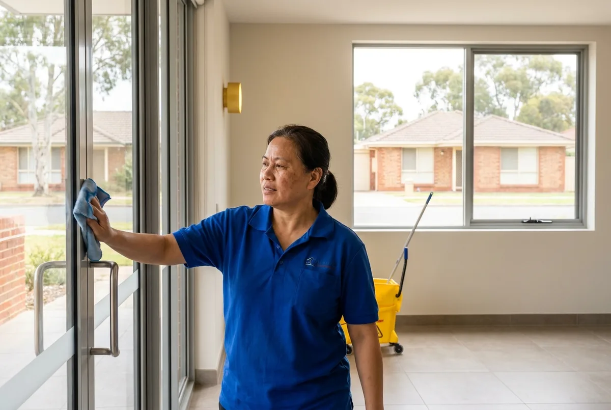 Cleaner cleaning the lobby common area of an Adelaide strata building