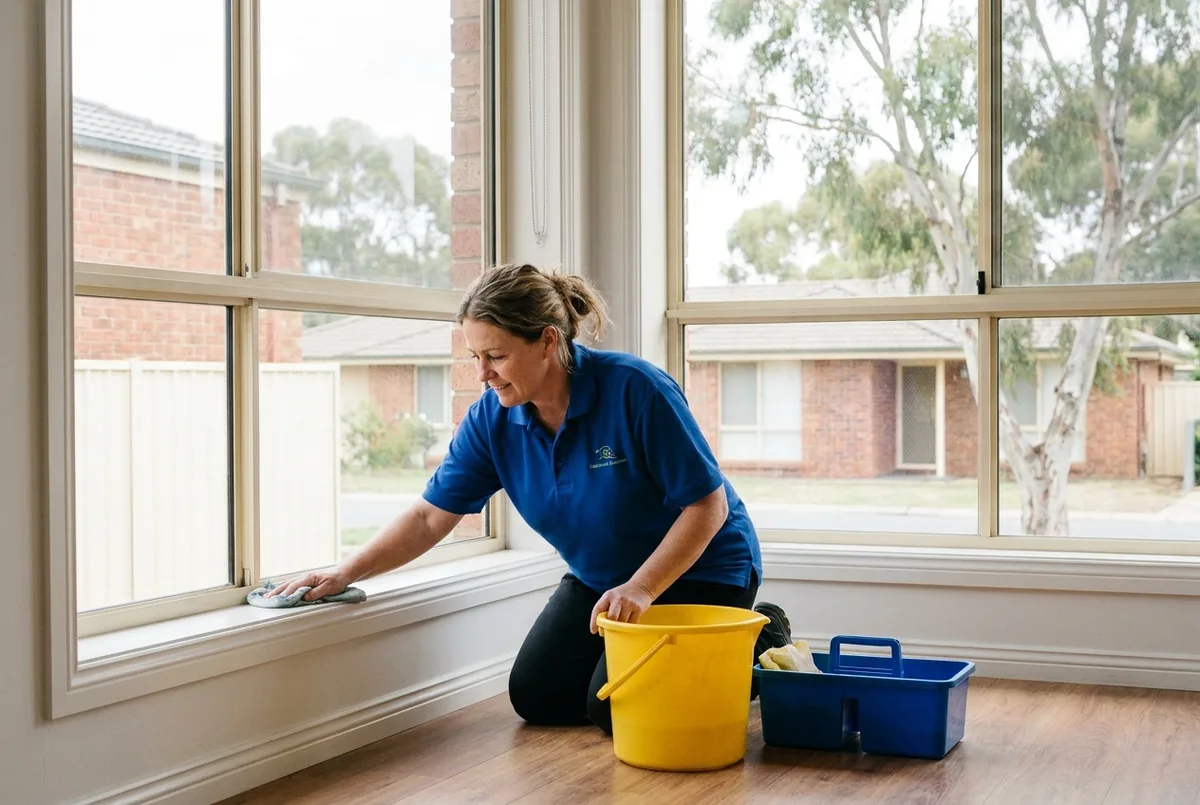 Cleaner deep-cleaning an empty rental property for an end of lease clean