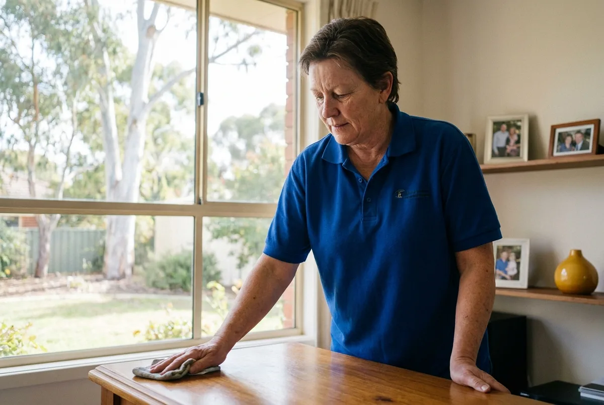 SMARTchoice SA cleaner dusting a shelf in a bright Adelaide family living room