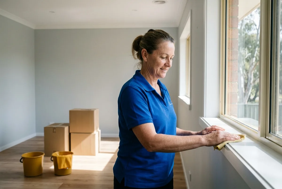 Cleaner cleaning a bright, nearly-empty home with moving boxes