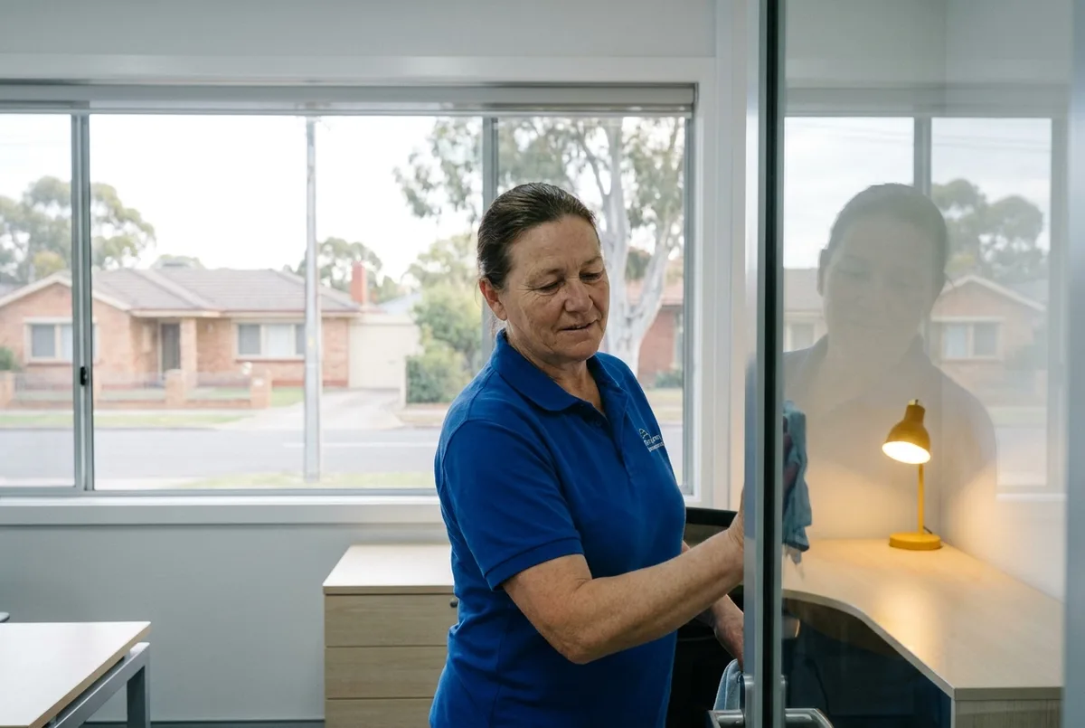 Cleaner wiping a reception desk in a modern Adelaide office after hours