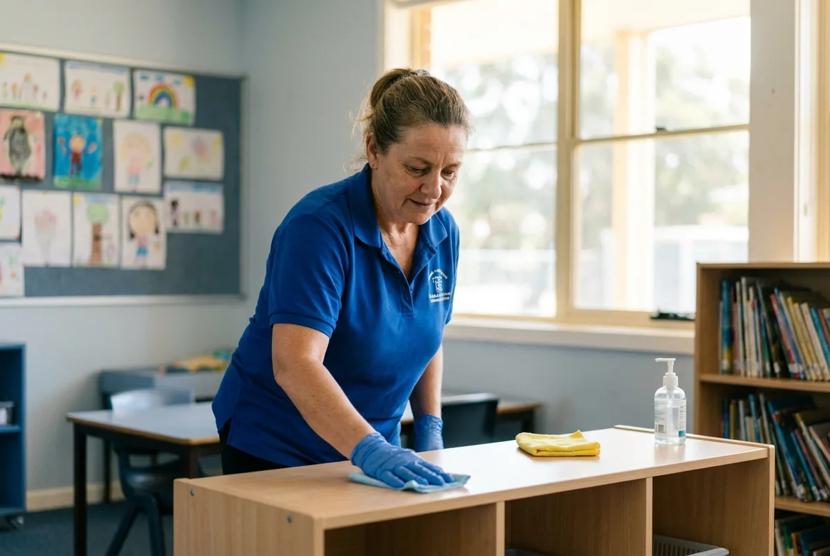 Cleaner sanitising a low table in a bright, tidy Adelaide classroom